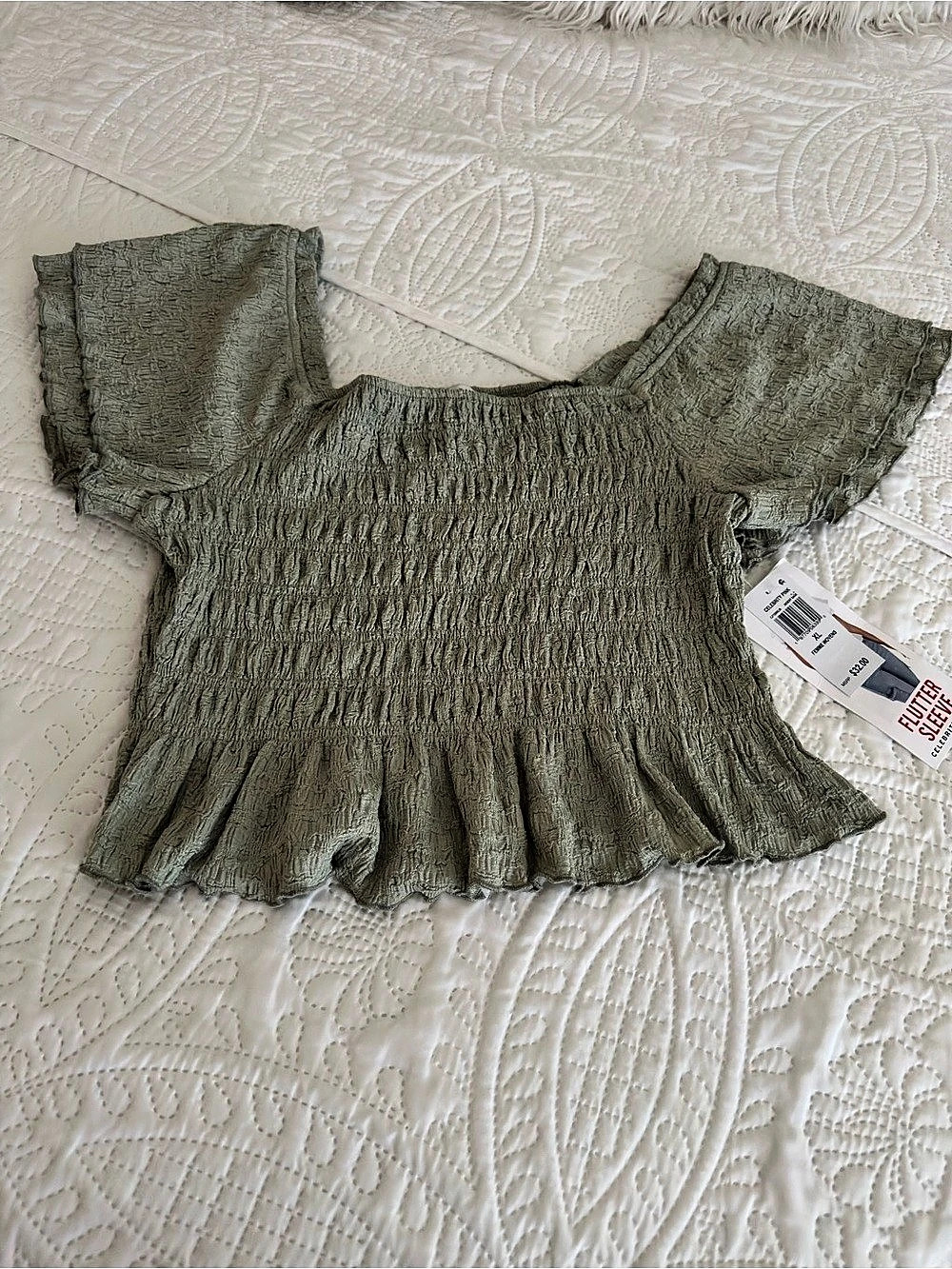 Celebrity Pink Femme Wovens Flutter Sleeve Smocked Top Green XL